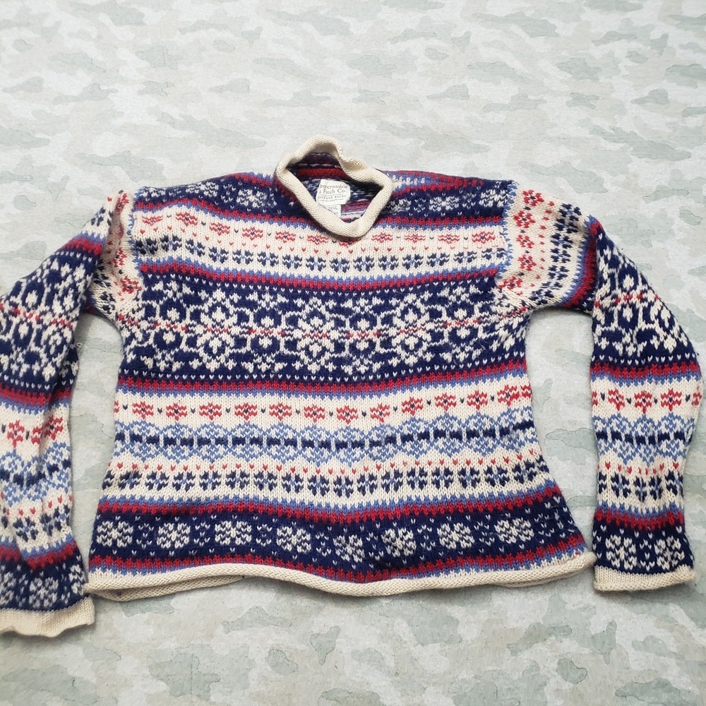 VTG‎ Abercrombie & Fitch Sweater Womens Large Blue Wool Nordic Fair Isles